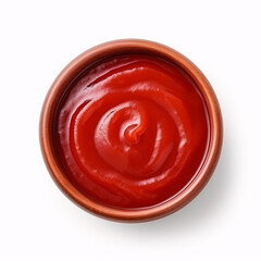 Bowl of ketchup or tomato sauce isolated on white background, top view