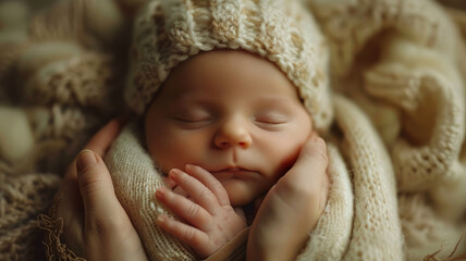 A sleeping newborn baby in a knitted hat