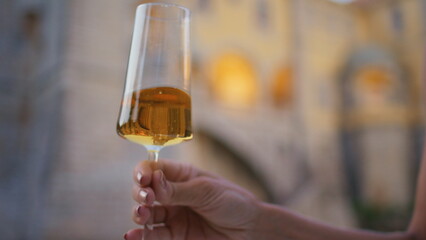 Unrecognizable girl holding wineglass with luxurious alcohol beverage close up.