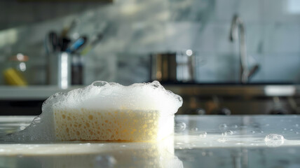 Photo of a foamy sponge on a kitchen counter