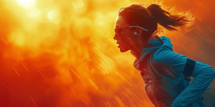 Girl athlete against the backdrop of sunset. Mood conveys the energy and dynamics of sporting achievements. Concept: running in the fresh air with heart rate monitoring gadgets. Sports events and achi