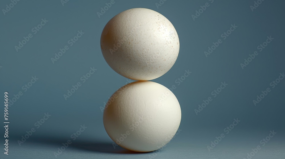 Poster two eggs stacked on top of each other in the shape of an egg sitting on top of each other in front o