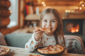 Wandaufkleber Portrait of a little girl eating a pizza in a pizzeria © Виктория Марьенко