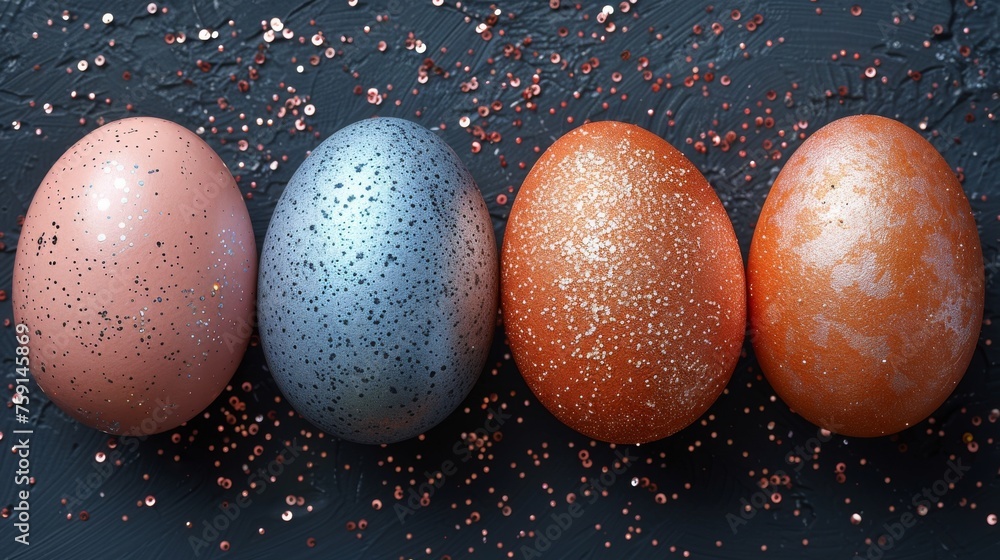Poster three eggs are lined up in a row on a black surface with pink and blue speckles around them.