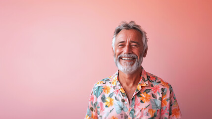 Obraz premium Portrait of a male senior in a straw hat on colorful pastel background
