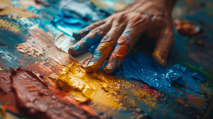 Hand covered in paint on a canvas