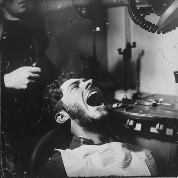 closeup of a man at the dentist, grainy photo vintage
