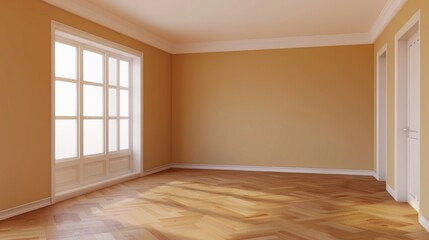 Obraz premium empty open space space interior blank wall white doors, wooden floor, wooden window, in the style of golden hues, , light orange and brown