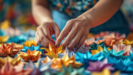 Hands making origami with colorful paper