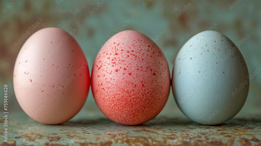Poster a group of three eggs sitting next to each other on top of a marble counter top next to each other.