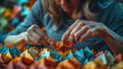 Woman folding colorful origami paper. - obrazy, fototapety, plakaty