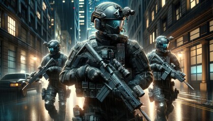 futuristic soldiers in tactical gear during a night operation in an urban setting. The soldiers are equipped with advanced helmets - obrazy, fototapety, plakaty