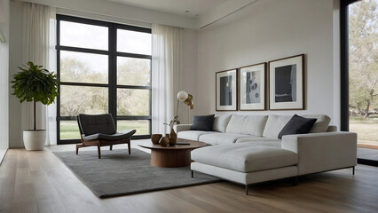 Fototapeta premium Modern Living Room with Sectional Sofa, Coffee Table, Chairs, and Art Painting