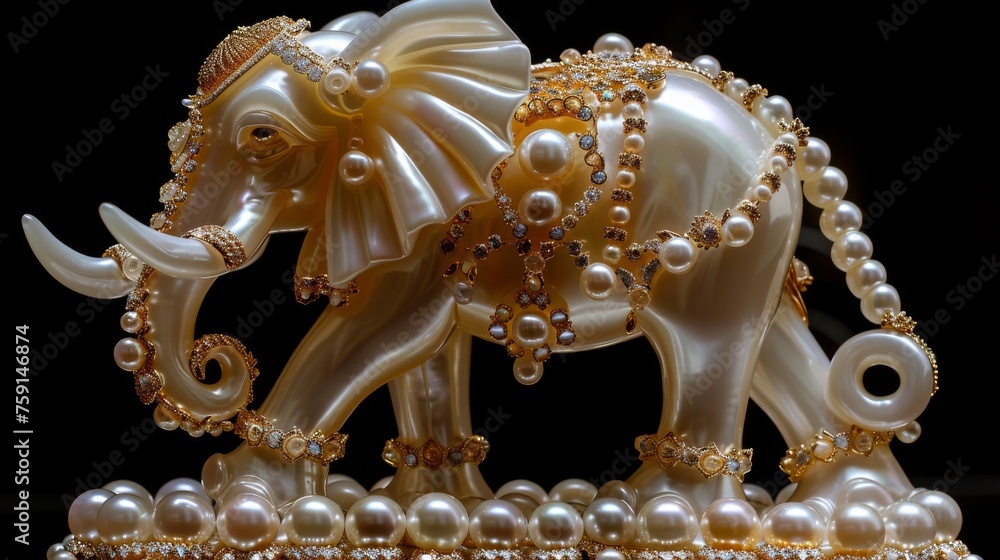 Poster a close up of a statue of an elephant with pearls on it's trunk and tusks on its back.