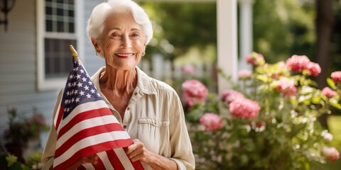 Happy face of Elderly veteran female holds up an American flag for the memorial day - obrazy, fototapety, plakaty
