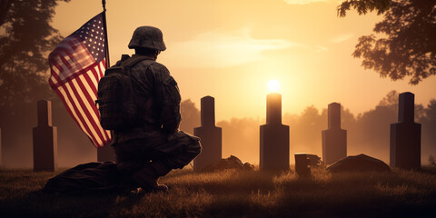 Soldiers sit near graves to mourn the soldiers on Memorial Day or Victory Day