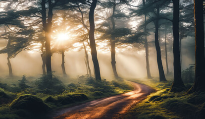 Serene beauty of a misty forest at sunrise - 759147014
