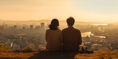 Deurstickers A romantic couple just in love sitting on a mountain and watching city view  © Ammar Anwar 