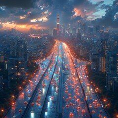 Visualize a futuristic smart city illuminated by the glow of advanced communication networks....