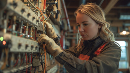 Woman electrician working on a switchboard