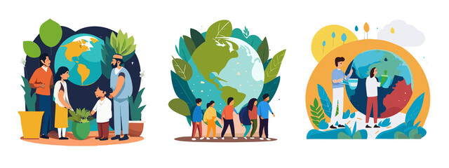 Planet earth and save the planet concept with people taking care of the earth