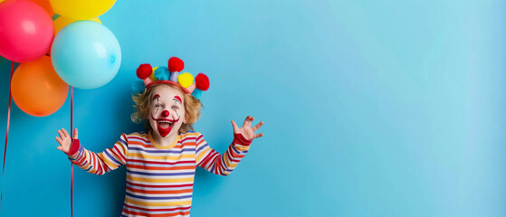 happy blond kid with colourfull pom poms in his hair on blue background - obrazy, fototapety, plakaty