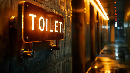 Photo of an illuminated toilet sign in a hallway.