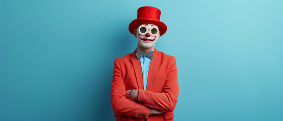 person with clown make up and red clown nose dressed  in red suit on a blue background