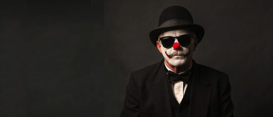 person with clown make up and red clown nose dressed in black suit on a black background