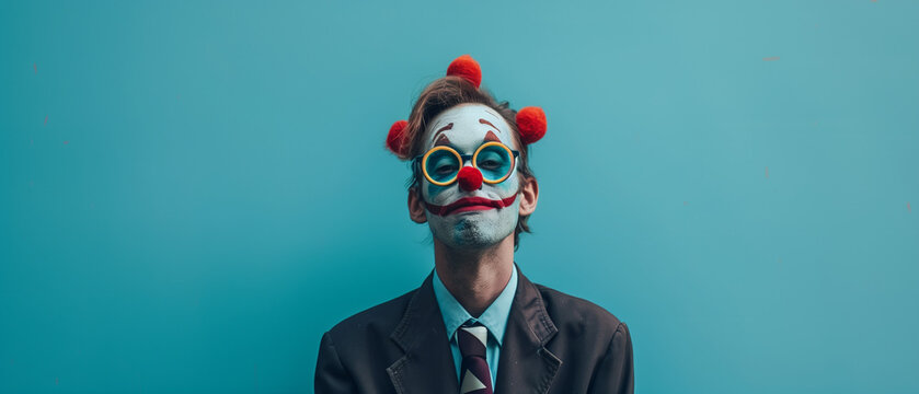 person with clown make up and red clown nose on a blue background - Powered by Adobe