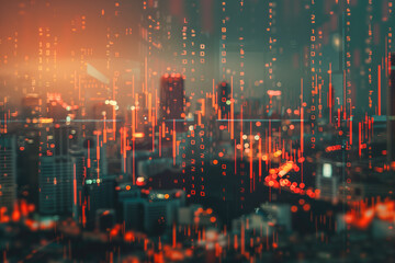 Fototapeta premium Double exposure of candle stick graph chart with indicator with stock market price screen and city background, stock exchange trading, investment and financial concept