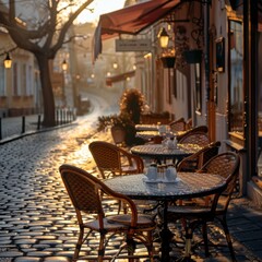 Sunrise over a cobblestone street, with the early light casting shadows behind empty cafe tables.