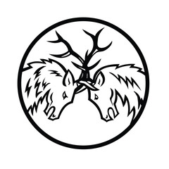 Mascot illustration of two bull elk, Cervus canadensis, or wapiti in fighting in rut butting heads viewed from side set inside circle on isolated background in black and white retro style.
