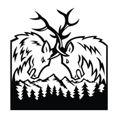Retro illustration of two head of bull elk, Cervus canadensis or wapiti fighting in Rocky Mountain National Park, Colorado, United States on isolated background in black and white.
