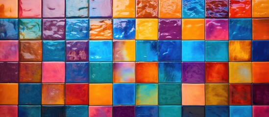 Colorful ceramic tile background with a vibrant wall tile design for multicolor wallpaper texture.