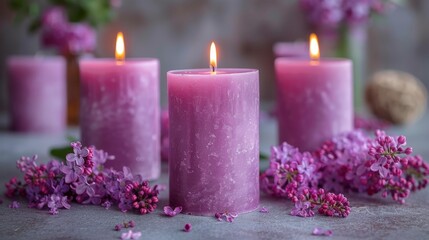 Obraz na płótnie Canvas a group of three purple candles sitting next to each other on top of a table next to a bunch of purple flowers.