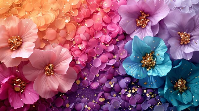 A vibrant and eclectic iridescent mix of woven silk flowers and silk petals creating a colorful tapestry on a glitter background.