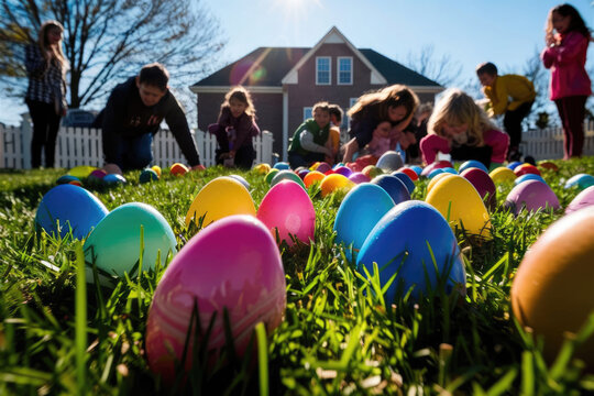 Group of children during an Easter egg hunt in the garden of a house