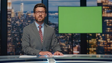 Television presenter point green screen talk evening news. Man ending newscast