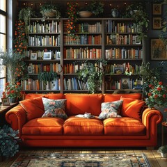 In a modern living room, a plush sofa serves as the centerpiece, offering comfort and coziness. Adjacent to the sofa stands a library filled with books, creating a haven for literary enthusiasts - obrazy, fototapety, plakaty
