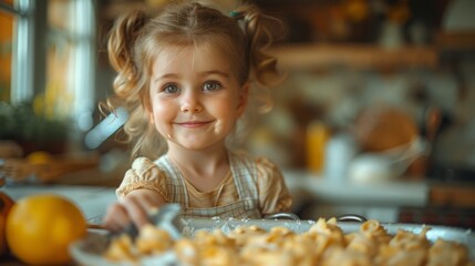 In a homely kitchen, a curious child watches intently as her mother explains the recipe, her small hands eagerly reaching for the cookie cutter 