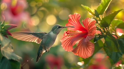 Fototapeta premium A hummingbird flying near a red hibiscus flower.