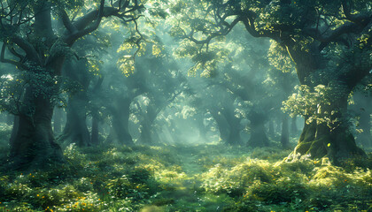 Fototapeta na wymiar Beautiful fantasy forest landscape with old growth trees, perfect for fantasy-themed designs, book covers, and mystical backgrounds.