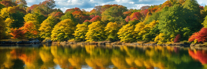 Colorful palette of autumn, focusing on a tranquil lake reflecting the vibrant foliage - 759148437