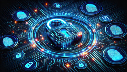 cyber security concept illustration with a glowing padlock symbol at the center, representing data encryption and protection