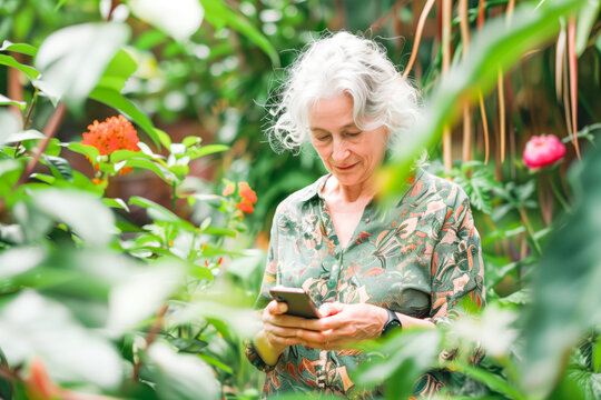 Beautiful elderly woman in her garden communicates online on a smartphone - Powered by Adobe