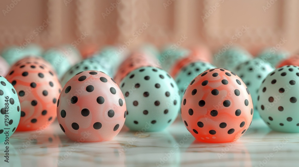 Poster a row of polka dot eggs sitting on top of each other on top of a white counter top in front of a row
