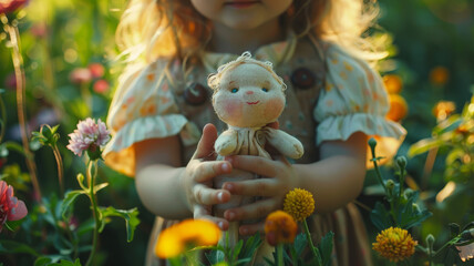Child holding a doll in a flower garden.