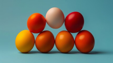 a group of eggs sitting next to each other on top of an orange and an egg on a blue background.