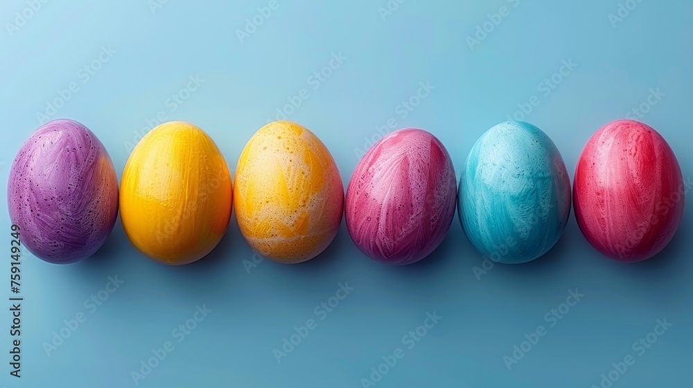 Poster a row of painted eggs sitting on top of a blue surface with one egg in the middle of the row.